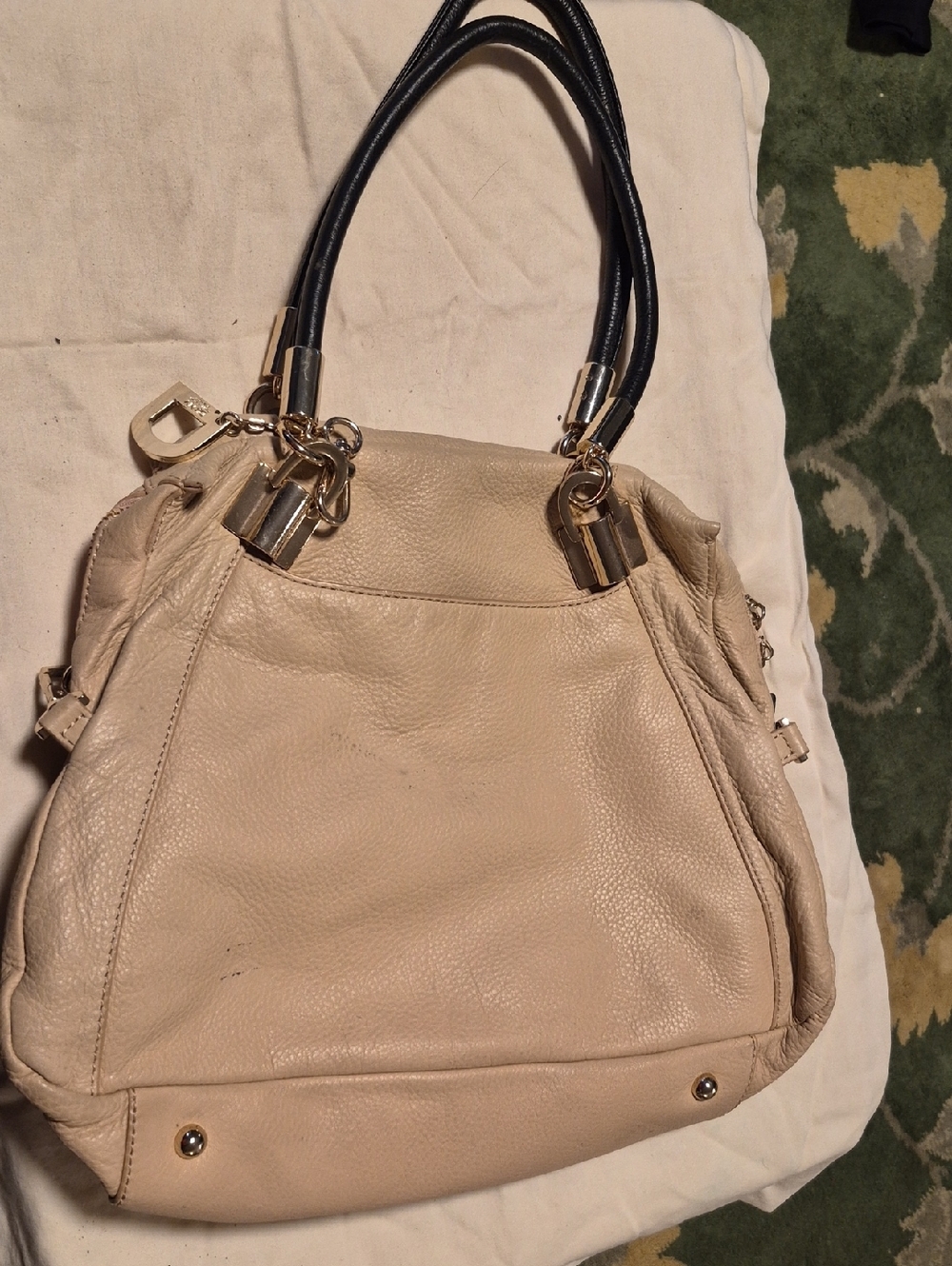 DKNY Cream Leather Tote with Black Handles and Gold Hardware
